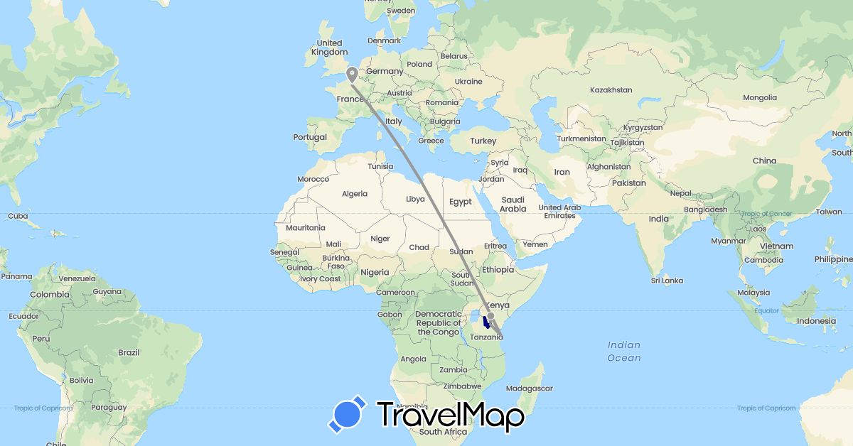 TravelMap itinerary: driving, plane in France, Kenya, Tanzania (Africa, Europe)
